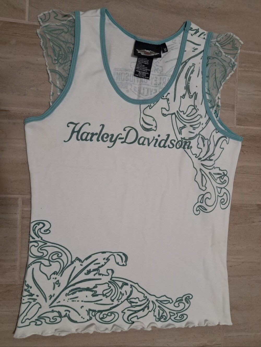 Harley-Davidson White Tank with Teal Scroll Print